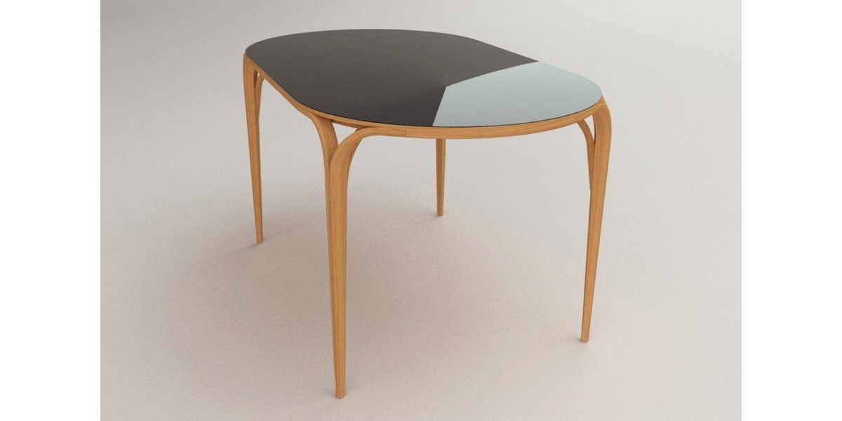 table BENT - chêne cintré et plateau en verre laqué