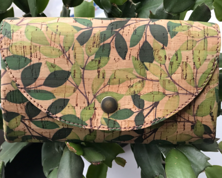 Portefeuille liège imprimé feuilles / cuir d’agneau chocolat - Modèle unique collection 2022