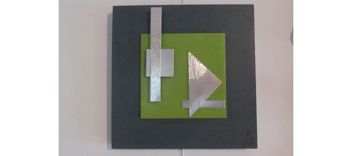 tableau inox texturé sur bois peint et enduit