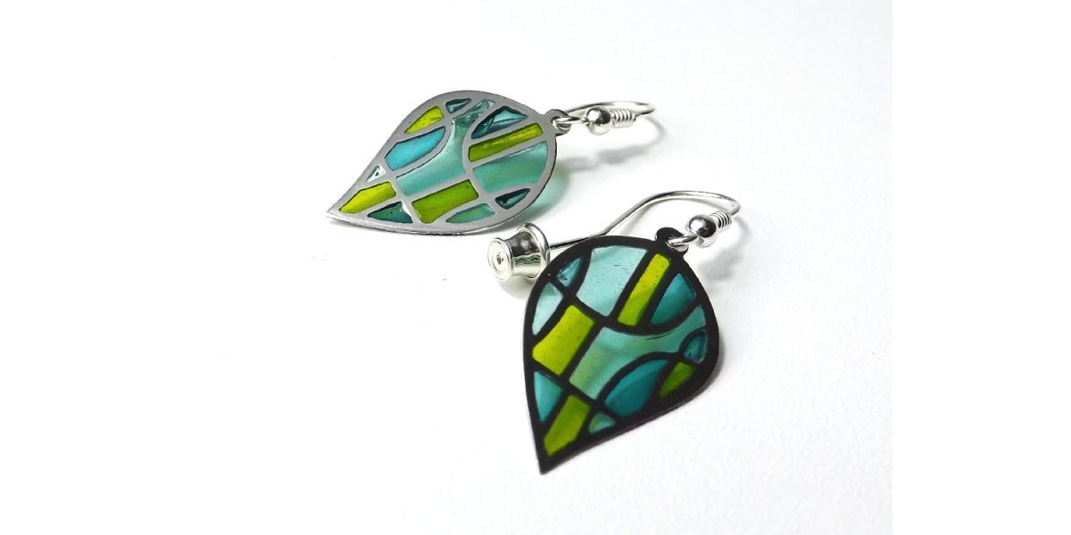 Boucles d’oreilles en émail Plique à Jour / Feuilles Vitraux / Les émaux Arédiens
