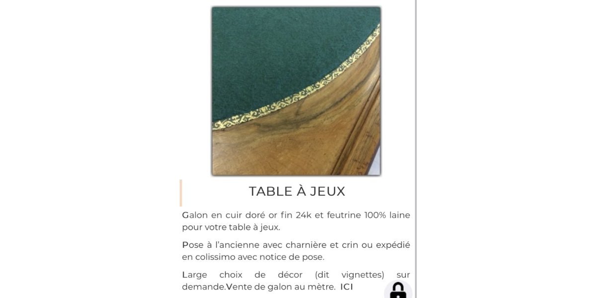 Table à jeux : galon cuir doré  et feutrine