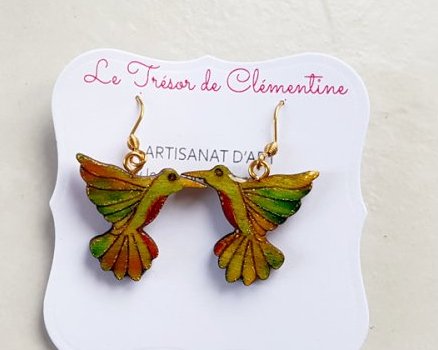Boucle d’oreille pendentif colibri Le trésor de Clémentine monture acier chirurgical