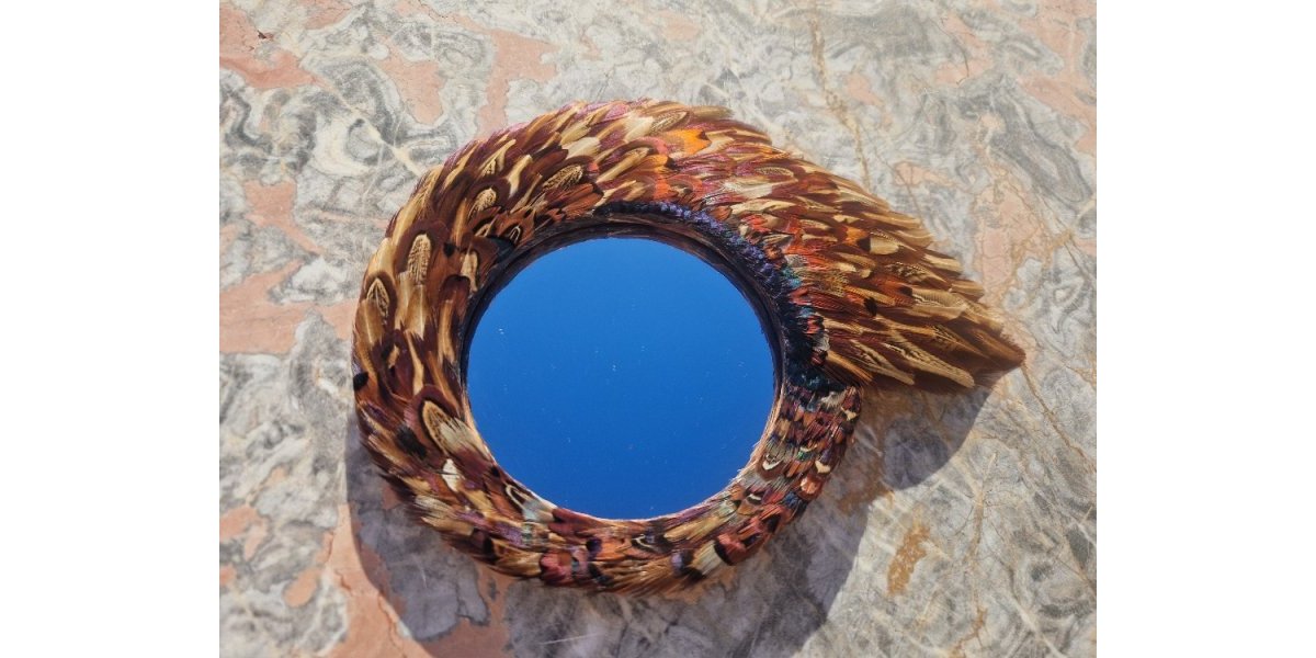 Miroir recouvert de plumes de faisant diamètre 30cm