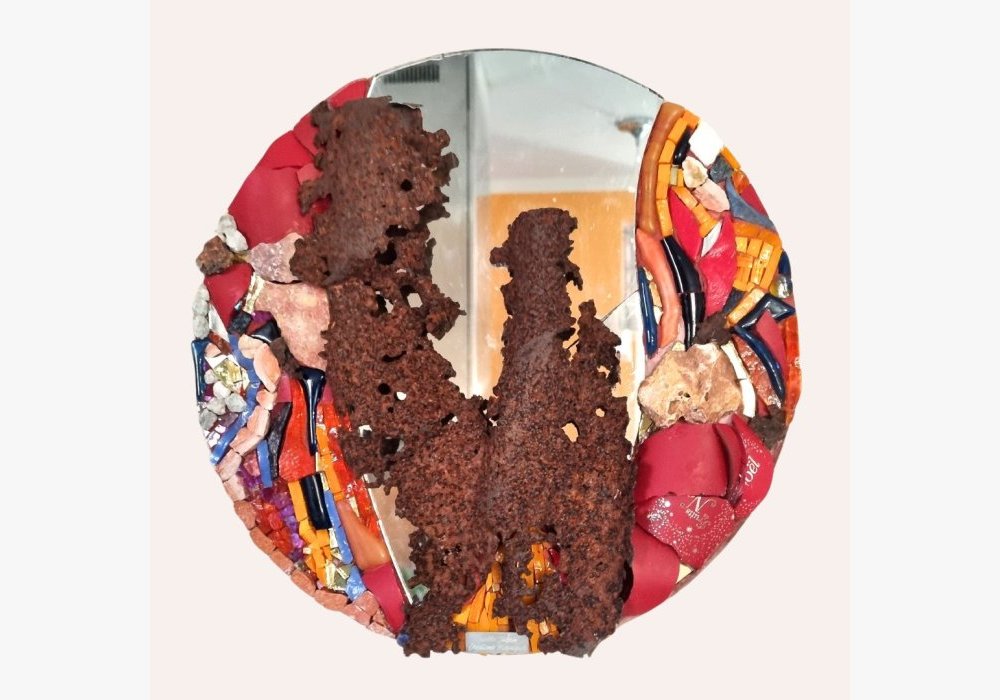 Tableau mosaïque de verre, métal, pierre, miroir : Le Flamboyant, collection Exploration