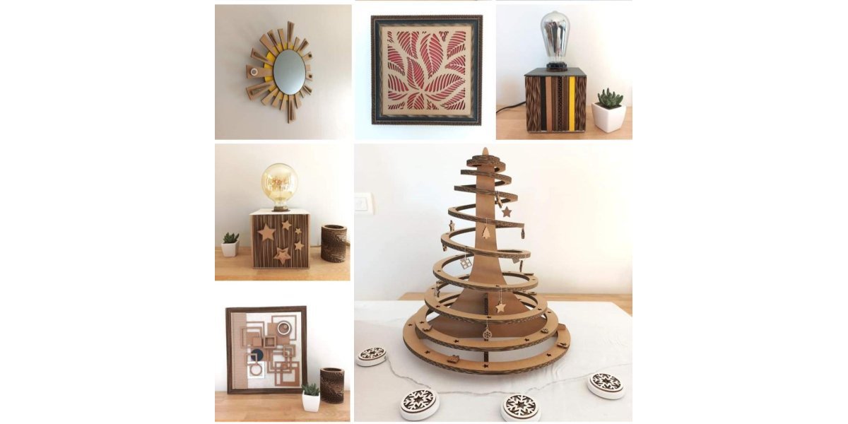 Objets de décoration en carton (lampes à poser, sapin...)