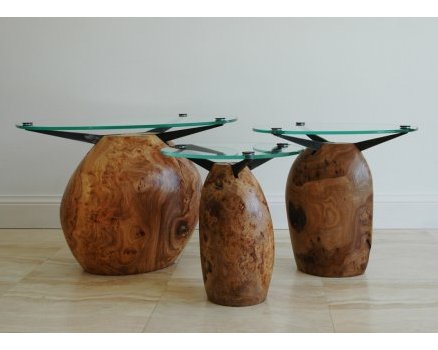 Canopée, tables basses gigognes, loupe d’orme, acier et verre, 2018