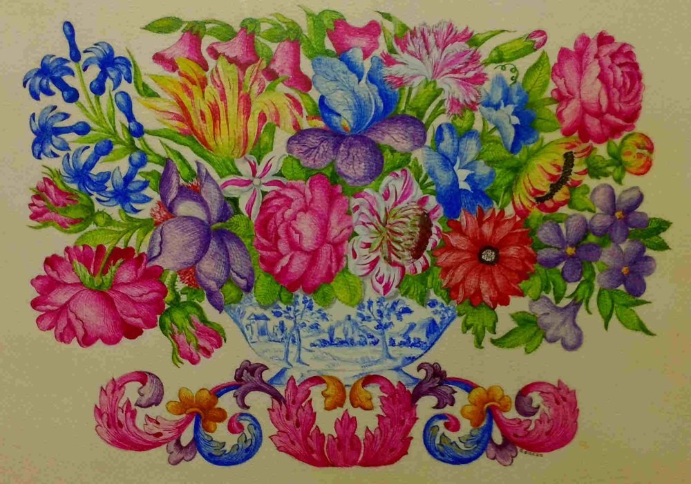 Bouquet de fleurs au vase chinois - enluminure sur parchemin (2015)