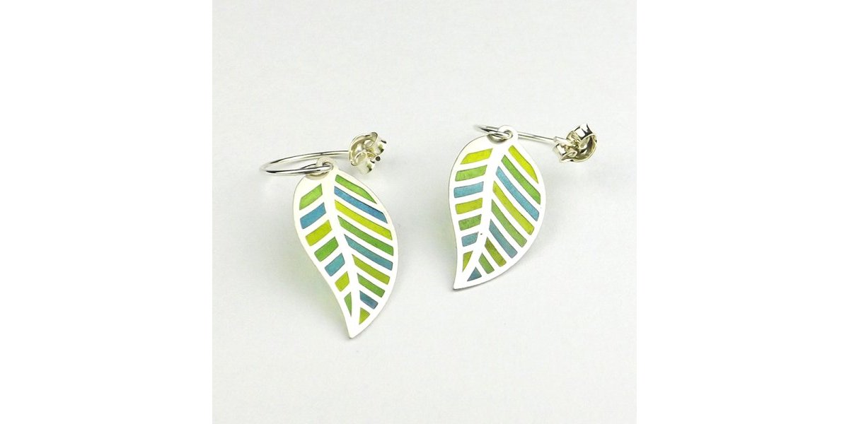 Boucles d’oreilles en émail Plique à Jour sur Argent / Feuilles / Les émaux Arédiens