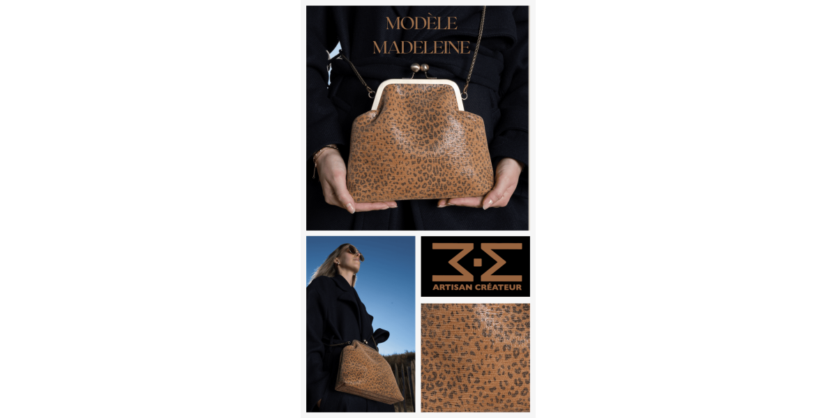 Modèle Madeleine réalisé en cuir imprimé guépard camel